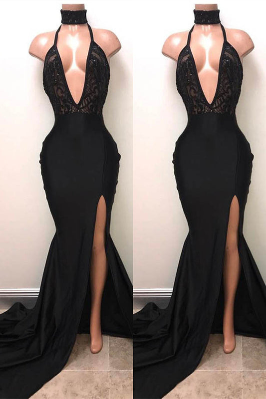 Gorgeous Black V-Neck Sleeveless Prom Dress Mermaid Split With Sequins
