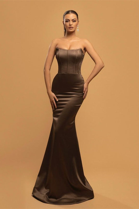 Glamorous Brown Strapless Sleeveless Prom Dresses Mermaid On Sale