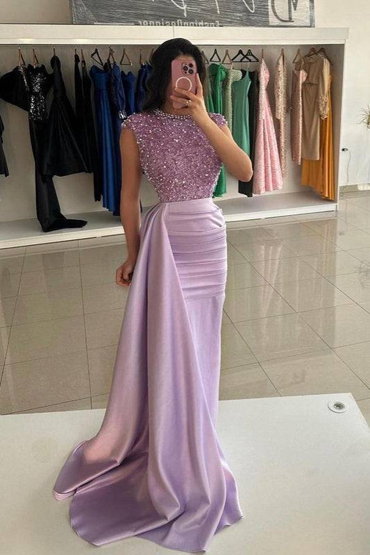 Beautiful Lilac Cap Sleeve Mermaid Prom Dresses Ruffle With Pearls Sequins Beads