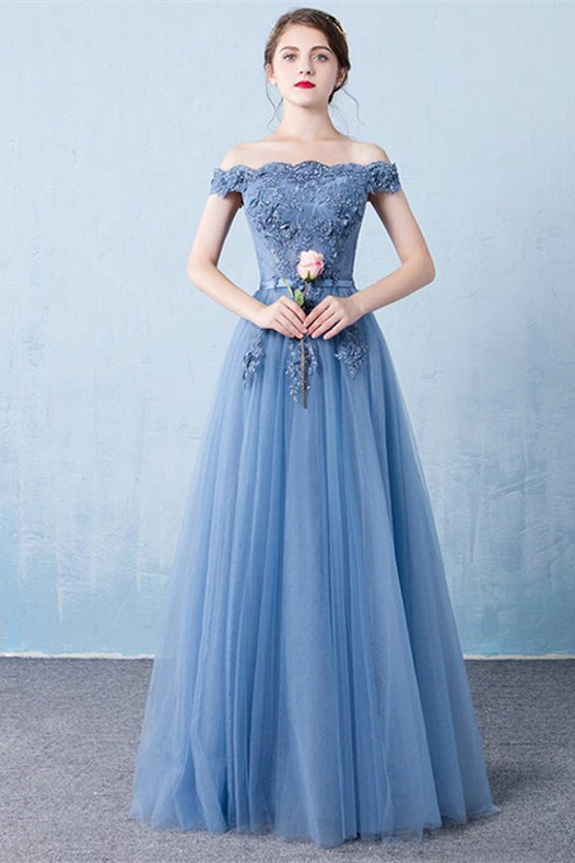 Gorgeous Off-the-Shoulder Dusty Blue Prom Dresses Tulle Long With Appliques