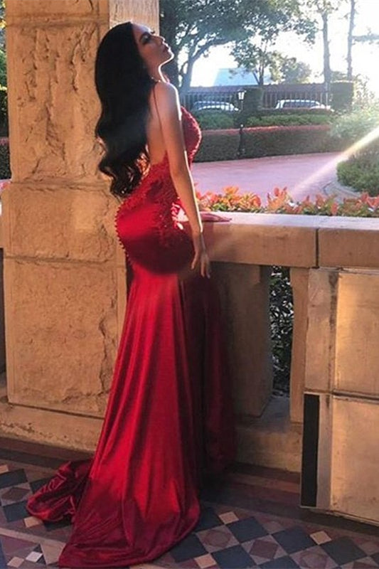Burgundy Spaghetti-Straps Backless Mermaid Prom Dress With Appliques
