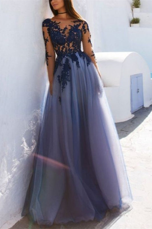 Gorgeous Long Sleeve Appliques Prom Dress Tulle Long Party Gowns