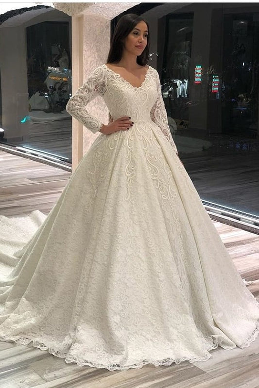 Elegant Floor-length Deep V-neck A-line Wedding Dress with Lace Appliques and Long Sleeves