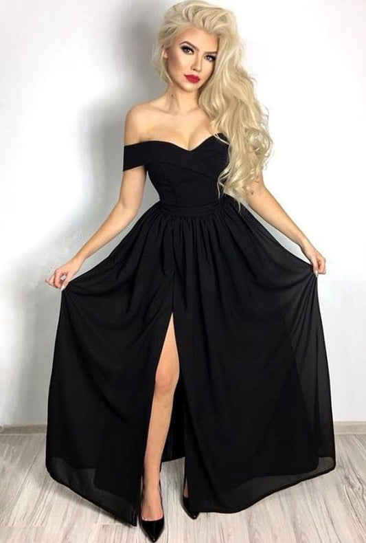 Black Off-the-Shoulder Prom Dress Long Split Party Gowns