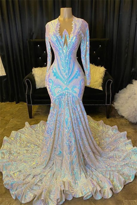Modern Long Sleeves V-Neck Mermaid Prom Dress Sequins On Sale