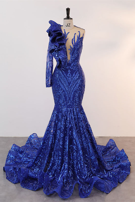 Classic One Shoulder Long Sleeves Prom Dress Mermaid Sequins With Ruffles