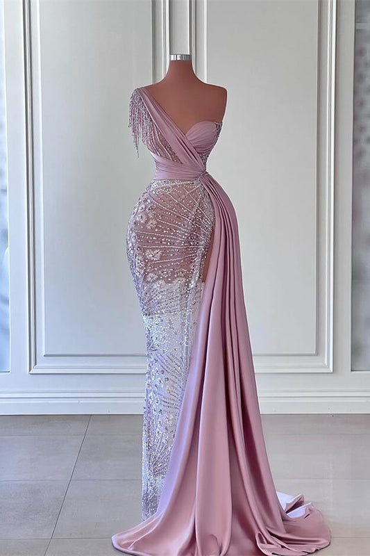 Glorious One Shoulder Beadings Mermaid Prom Dress Long Split With Tassels