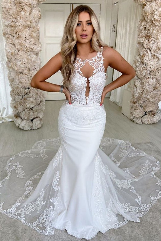 Elegant Long Mermaid Wedding Gown with Satin Backless Design and Spaghetti-Straps Lace