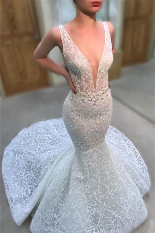 Long Sleeveless Mermaid Wedding Dress With Deep V-Neck and Lace Appliques