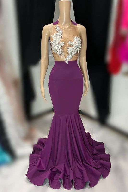 Gorgeous Grape Round Neck Sleeveless Mermaid Prom Dress With Beadings