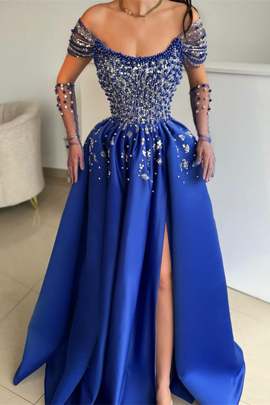 Beautiful Royal Blue Off-the-Shoulder Long Sleeves Prom Dresses Long With Beads Pearls