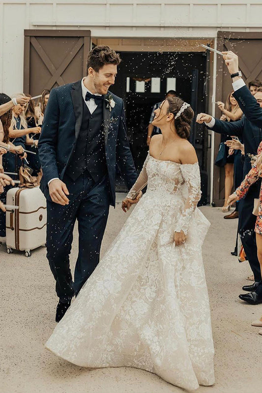 Elegant Off-the-Shoulder A-Line Gown with Long Sleeves and Bow Lace