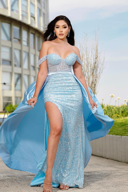 Popular Sky Blue Off-the-Shoulder Sweetheart Sleeveless Mermaid Prom Dresses With Split Sequins Detachable Skirt