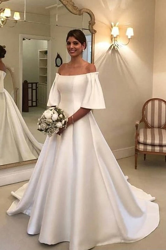 Elegant Off-the-Shoulder Short Sleeve A-Line Bridal Gown Featuring Satin Ruffles and a Train