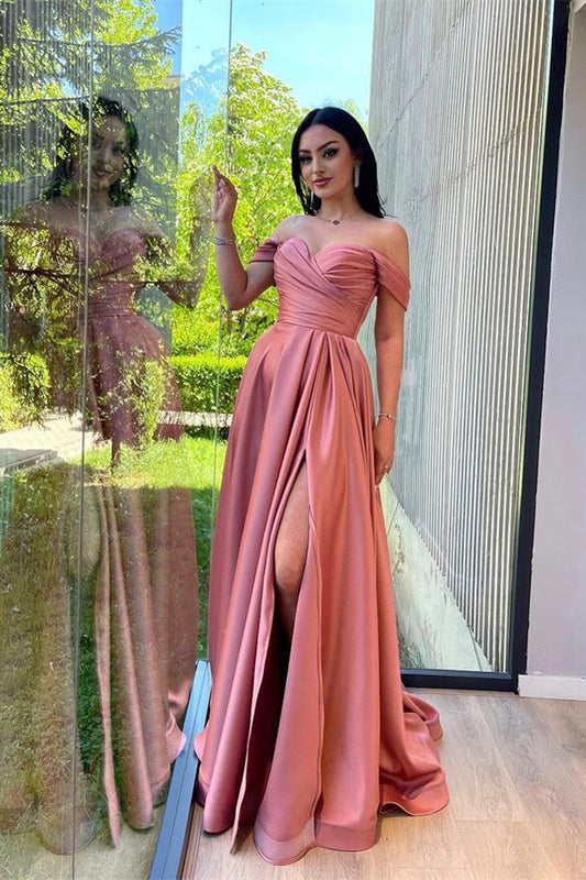 Modern Dusty Rose Off-the-Shoulder Prom Dress Long Slit