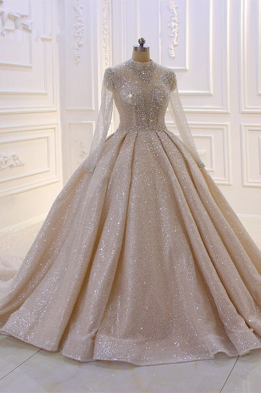 High-neck Vintage Wedding Gown with Long Sleeves and Sequins in Satin