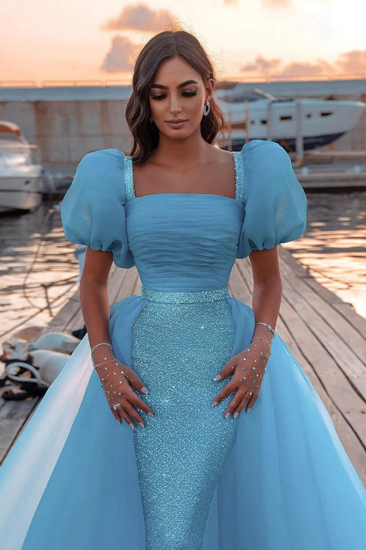 Glorious Ocean Blue Short Bubble Sleeves Mermaid Prom Dress Sequins Tulle Skirt