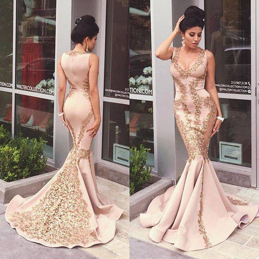 Elegant V-Neck Sleeveless Mermaid Prom Dress With Gold Appliques