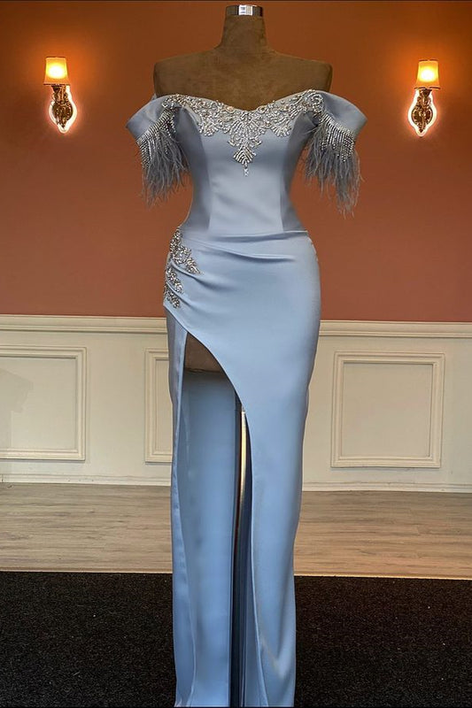 Modern Off-the-Shoulder Sweetheart Mermaid Prom Dress Beadings With Split Feathers