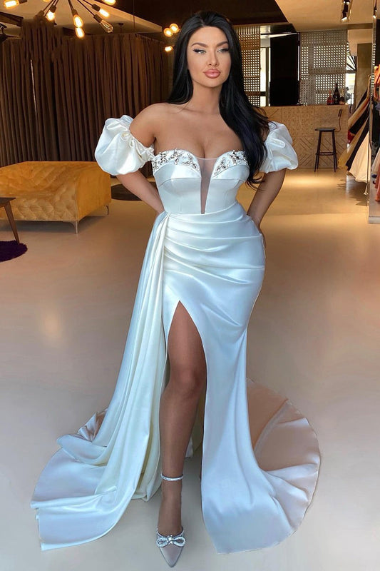 Classy Off-the-Shoulder White Prom Dress Mermaid Slit Pleats With Beads