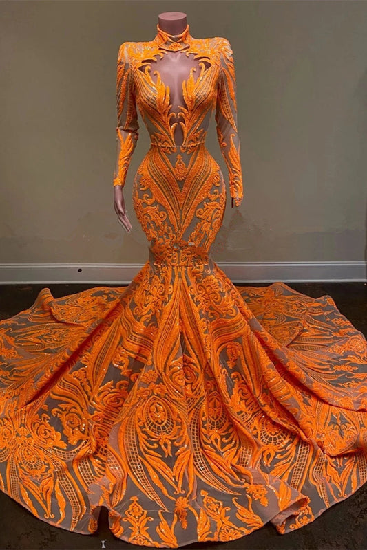 Gorgeous Orange High-Neck Long Sleeves Prom Dress Mermaid Sequins