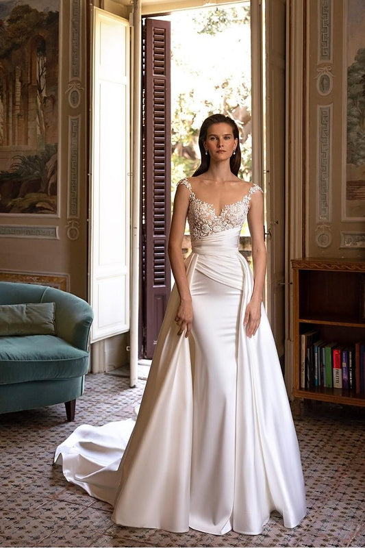 Elegant White Satin Spaghetti Strap Mermaid Wedding Gown with Detachable Train and Applique