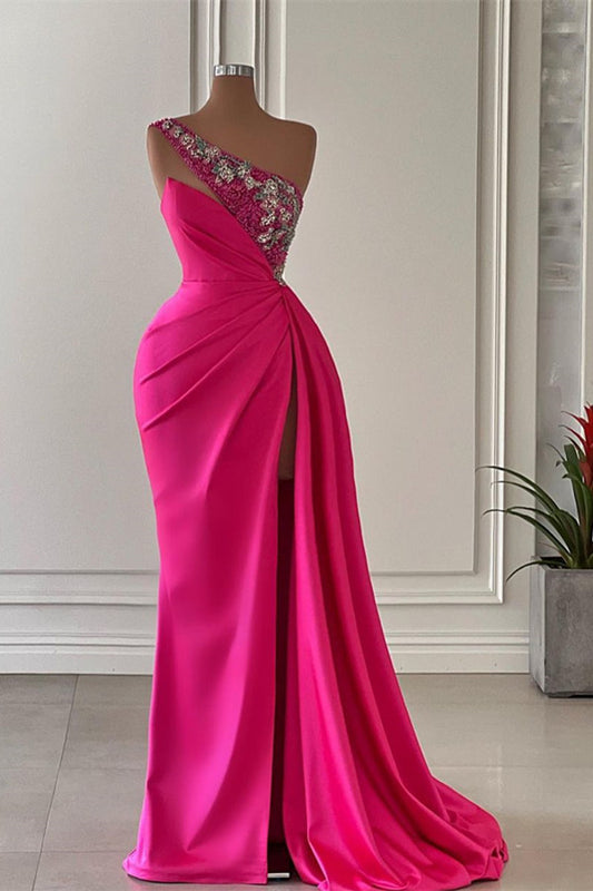 Beautiful Fuchsia One Shoulder Prom Dresses Mermaid Slit Long With Beadings