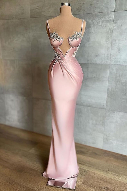 Gorgeous Pink Spaghetti-Straps Sleeveless Prom Dresss Mermaid With Appliques