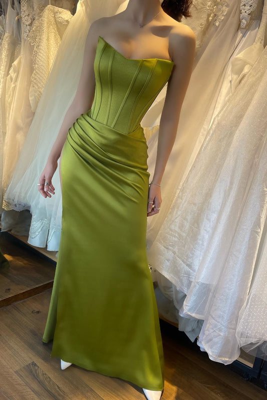 New Arrival Olive Green V-Neck Sleeveless Mermaid Prom Dress Pleats With Split
