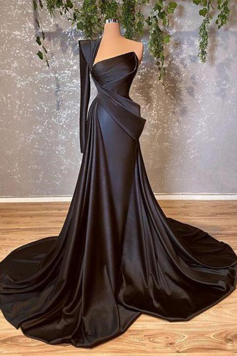 Amazing Black One Shoulder Long Sleeve Prom Dress Mermaid Long