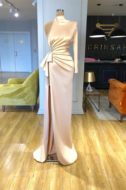 Champagne High Neck Long Sleeves Mermaid Prom Dress Split