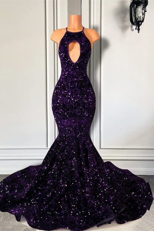 Modern Purple Halter Mermaid Prom Dress With Sequins Sleeveless