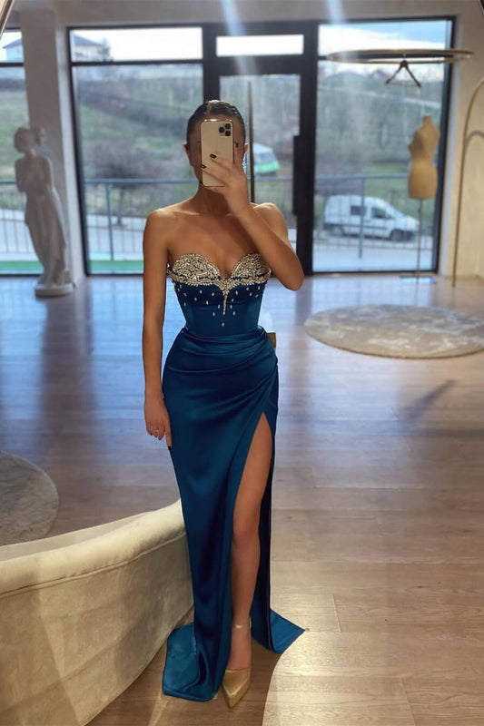 Fabulous Blue Sweetheart Sleeveless Mermaid Prom Gown With Beadings High Split