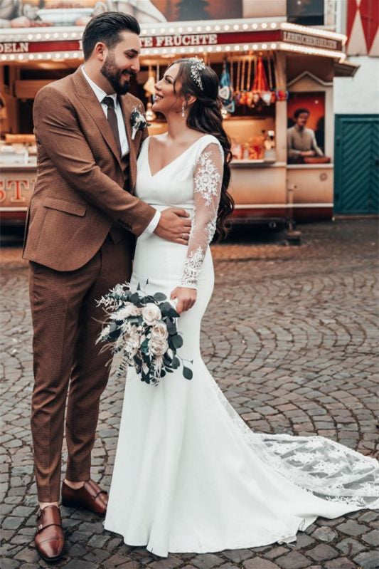 Mermaid Wedding Dress with V Neck and Long Lace Sleeves