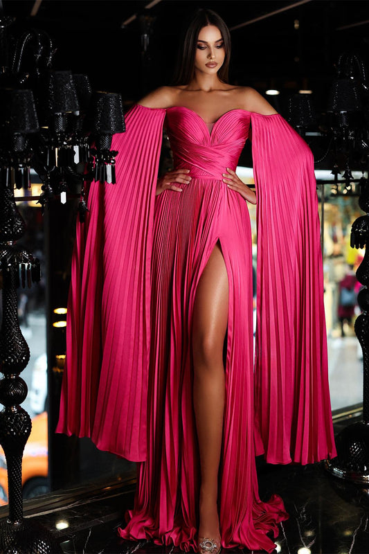 Chic Fuchsia Off-the-Shoulder Prom Dress Ruffles Long With Split