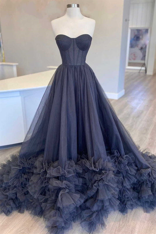 Gorgeous Dark Navy Strapless Sleeveless A-Line Prom Dress Tulle