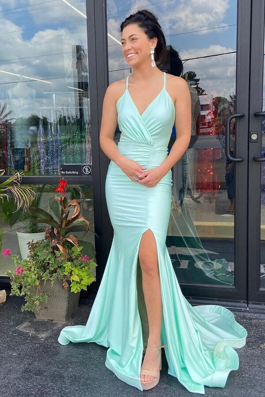 New Arrival Mint Green V-Neck Mermaid Prom Dress Sleeveless Split Long