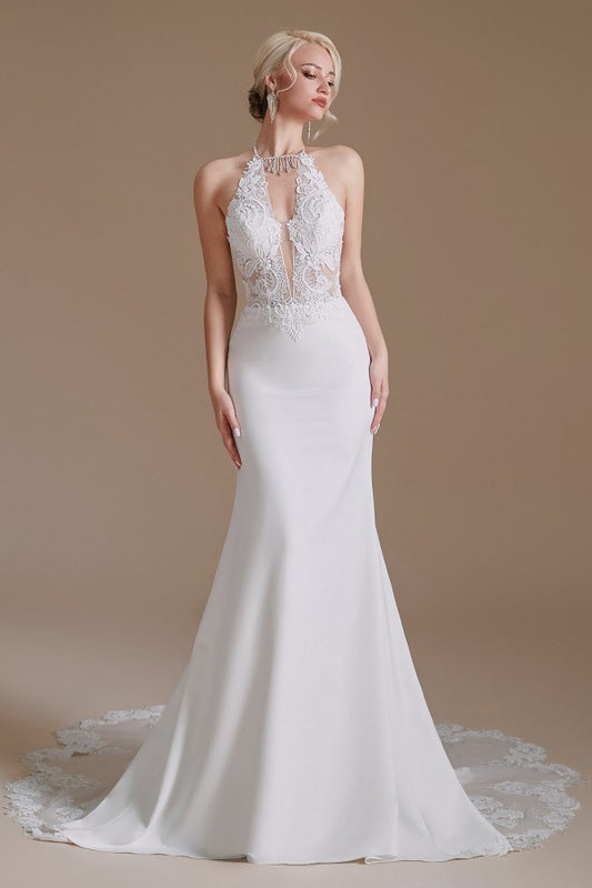 Long Satin Wedding Dress with Elegant Mermaid Halter and Backless Lace Appliques