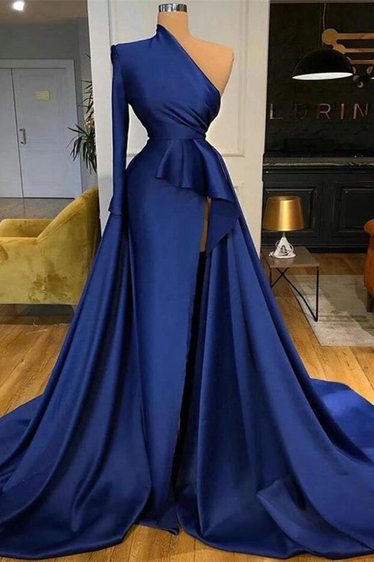 Amazing Royal Blue Long Sleeves Prom Dress Mermaid Slit With Ruffles
