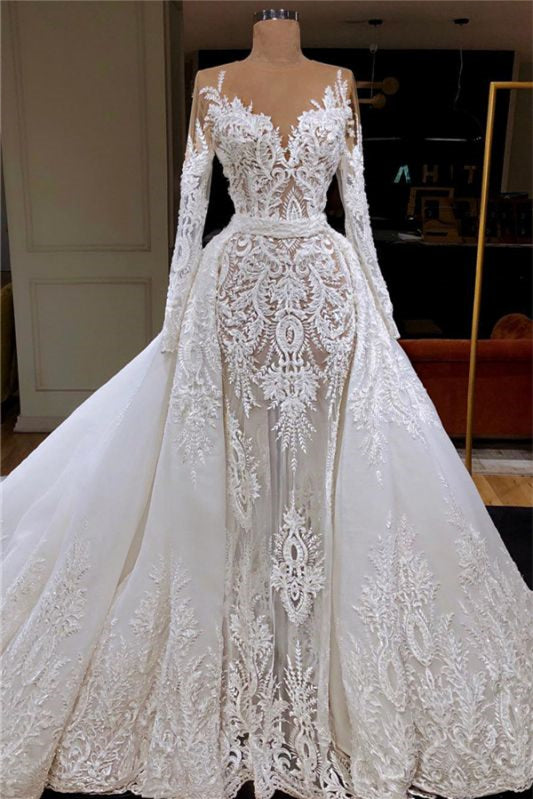 Elegant Mermaid Wedding Gown with Long Lace Sleeves and Detachable Skirt
