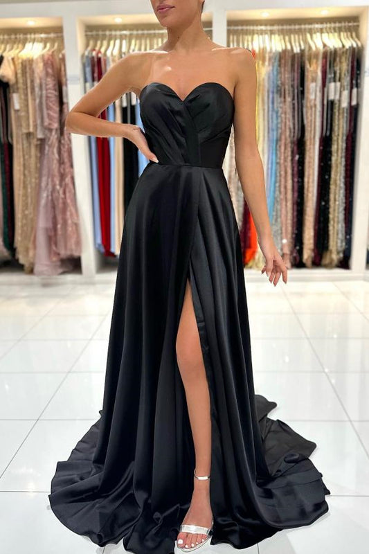 Chic Black Sweetheart Long Prom Dress Split Zipper Back