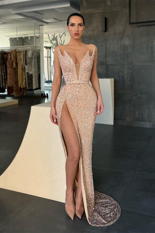V-Neck Sleeveless Sequins Evening Dress Mermaid with Split