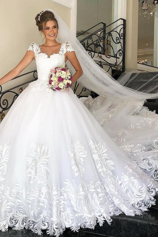 Elegant Princess Wedding Dress with Cap Sleeves and Tulle Lace