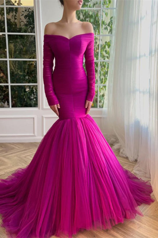Chic Fuchsia Long Sleeves Prom Dress Mermaid Off-the-Shoulder Tulle
