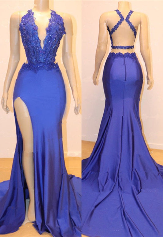 Gorgeous Blue Sleeveless V-Neck Mermaid Prom Dress Appliques With Slit