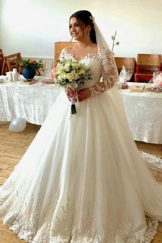 Princess Wedding Dress with Off-the-shoulder Long Sleeves and Appliques Lace