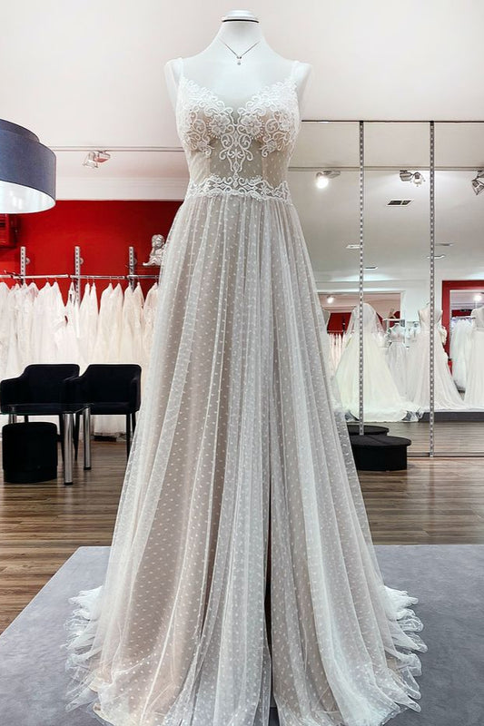 Elegant V-neck A-line Long Wedding Dress with Open Back and Tulle Lace