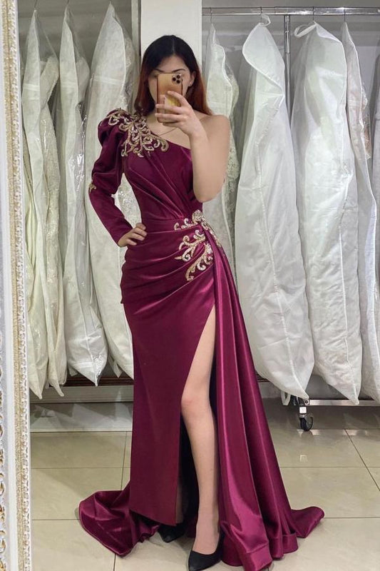Amazing One Shoulder Long Sleeve Prom Dress Mermaid Slit Appliques