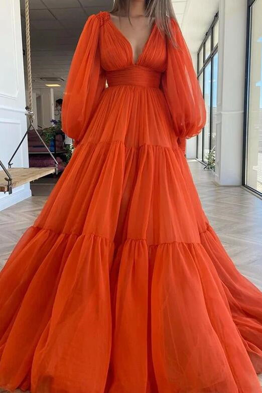 Elegant Deep V-Neck Long Sleeves Prom Dress Bubble Sleeves