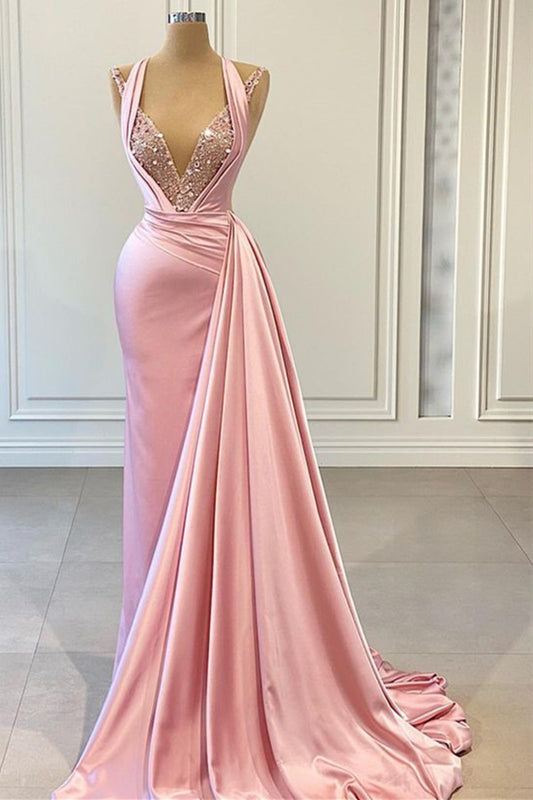 Charming Pink Halter Mermaid Prom Dress Sleeveless V-Neck Ruffles With Sequins